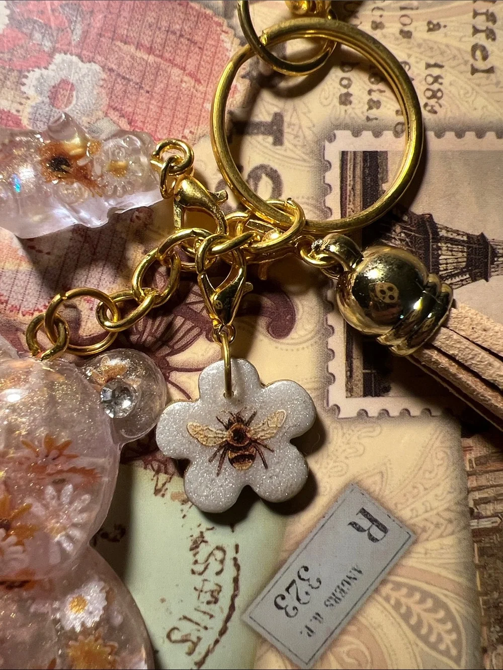 Gold Floral Resin Bear Keychain, backpack or purse Charm - Women's Accessory